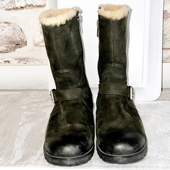 Ugg Chantay womens nubuck Biker Style Shearling Lined Winter boots Black Sz 6.5 - Picture 3 of 7